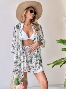 SHEIN VCAY Summer Beach Tropical Print Blouse & Tie Front Shorts Two Piece Set - Apricot - View 5