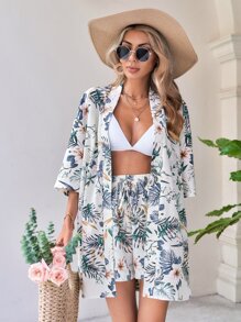 SHEIN VCAY Summer Beach Tropical Print Blouse & Tie Front Shorts Two Piece Set - Apricot - View 6