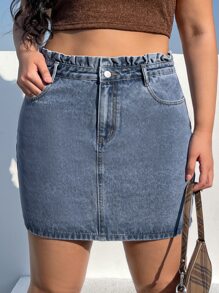 SHEIN EZwear váy ngắn denim kích thước lớn Nút Túi Quần paper-bag màu trơn - Rửa trung bình - Xem 6