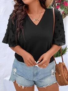 SHEIN LUNE Plus Swiss Dot Flounce Sleeve Tee - Black - View 1