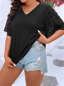 SHEIN LUNE Plus Swiss Dot Flounce Sleeve Tee - Black - View 4