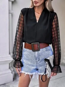 SHEIN VCAY Contrast Mesh Flounce Sleeve Blouse - Black - View 3