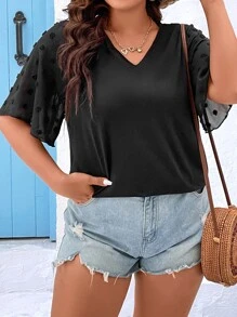 SHEIN LUNE Plus Swiss Dot Flounce Sleeve Tee - Black - View 5