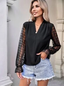 SHEIN VCAY Contrast Mesh Flounce Sleeve Blouse - Black - View 5