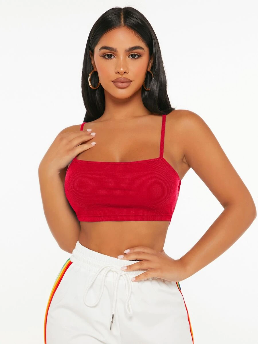 SHEIN PETITE 素色吊帶短上衣 - 紅色 - 查看 1