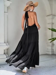 SHEIN VCAY 素色後背繫帶荷葉邊掛脖連衣裙 - 黑色 - 查看 2