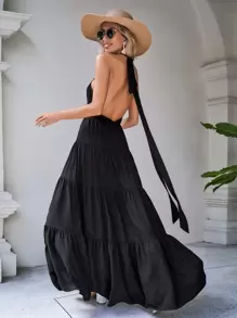 SHEIN VCAY 素色後背繫帶荷葉邊掛脖連衣裙 - 黑色 - 查看 5