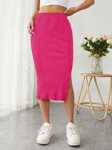 SHEIN PETITE 條紋針織高衩半身裙 - 玫紅色 - 查看 4