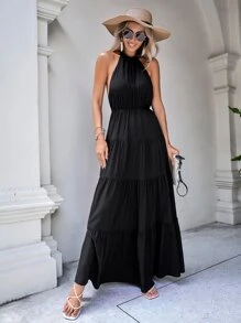 SHEIN VCAY 素色後背繫帶荷葉邊掛脖連衣裙 - 黑色 - 查看 6