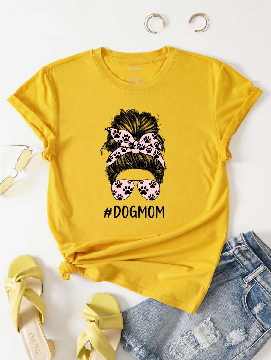 SHEIN LUNE Camiseta con estampado de letra y figura - Amarillo - Ver 1