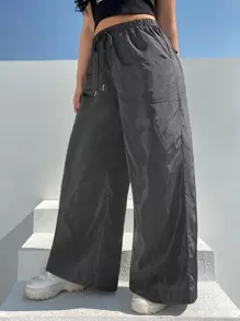 SHEIN EZwear 大碼腰部抽繩闊腿褲 - 深灰色 - 查看 1