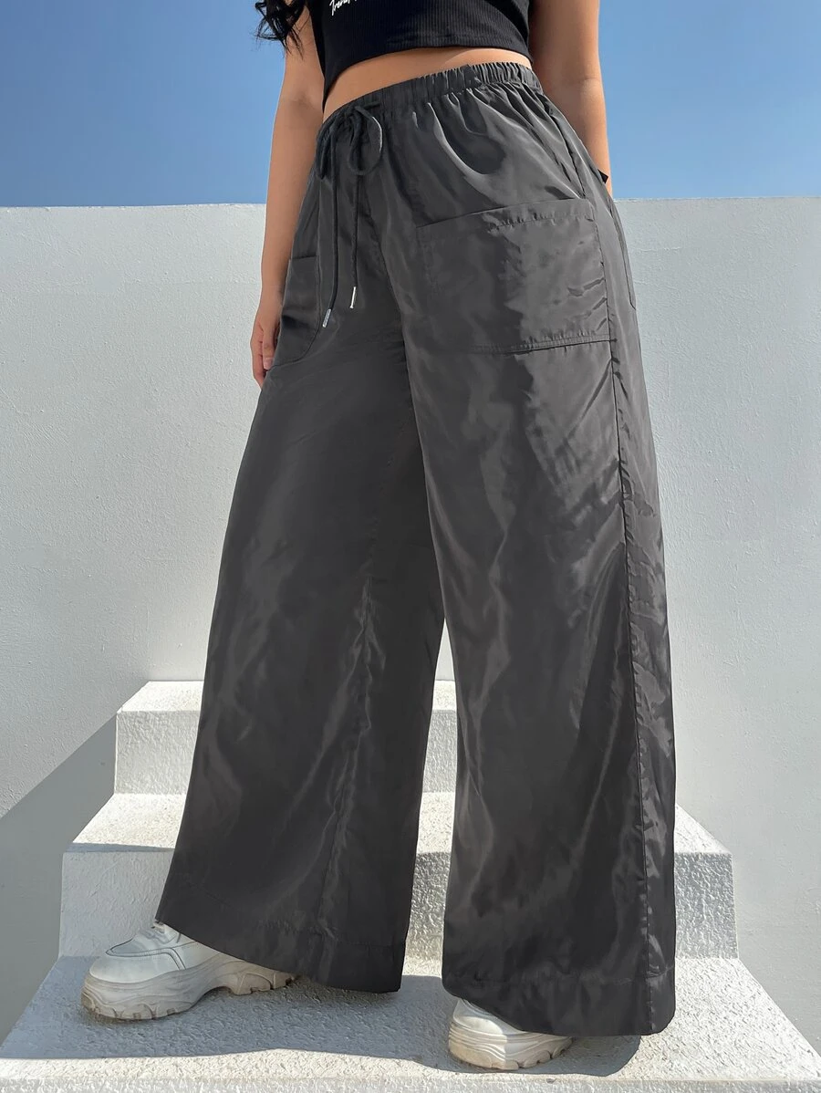 SHEIN EZwear 大碼腰部抽繩闊腿褲 - 深灰色 - 查看 1