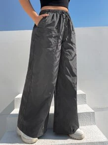 SHEIN EZwear 大碼腰部抽繩闊腿褲 - 深灰色 - 查看 4