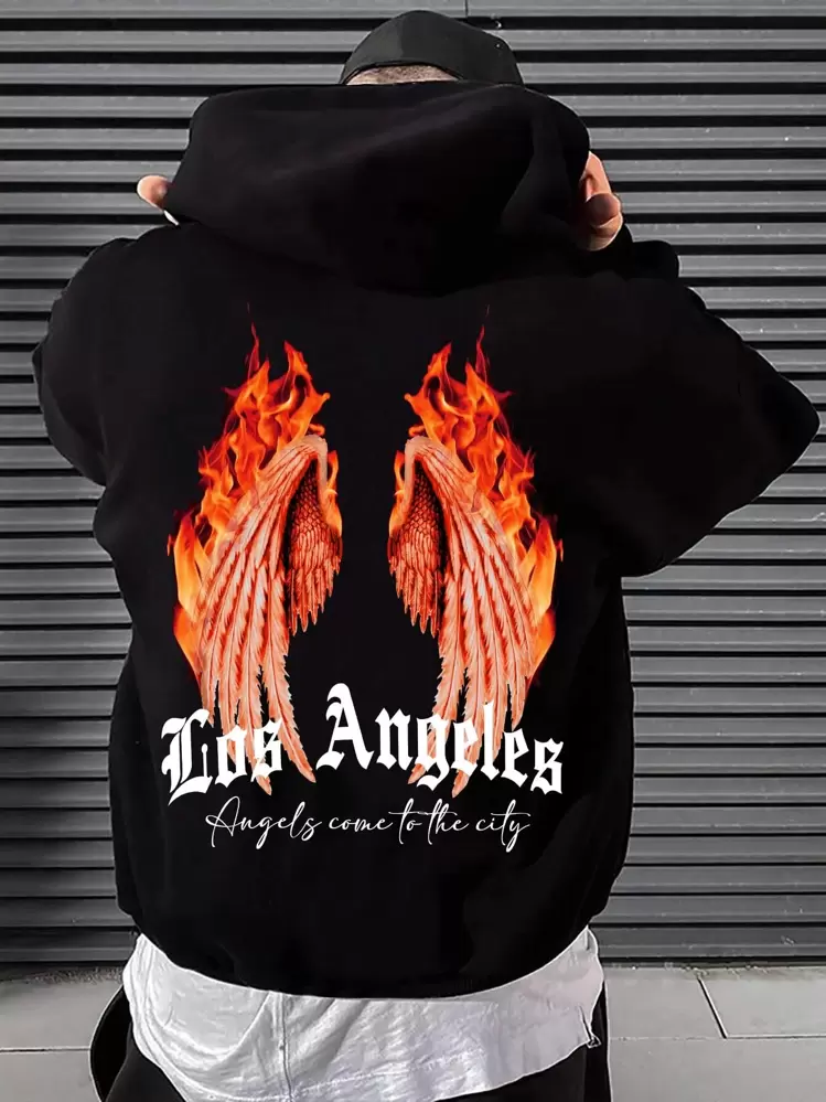 Manfinity EMRG Hombres Capucha con estampado de alas y letra con forro térmico con cordón - Negro - Añade 1