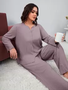 Plus Waffle Knit Notched Neck PJ Set - Mauve Purple - View 1