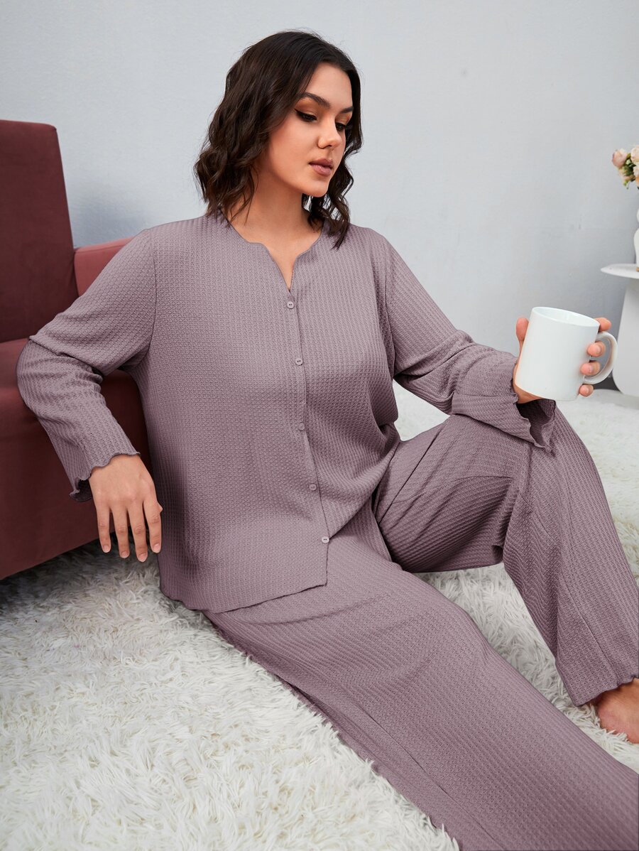 Plus Waffle Knit Notched Neck PJ Set - Mauve Purple - View 1