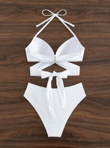 Swim Mod Summer Beach Wrap Halter Push Up Bikini Set - White - View 4