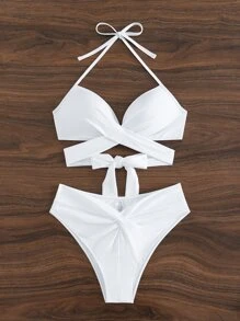 Swim Mod Summer Beach Wrap Halter Push Up Bikini Set - White - View 7