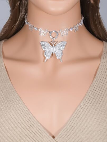 Rhinestone Butterfly Charm Necklace