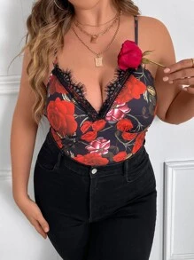 SHEIN Holidaya Plus Floral Print Eyelash Lace Trim Cami Top - Multicolor - View 2