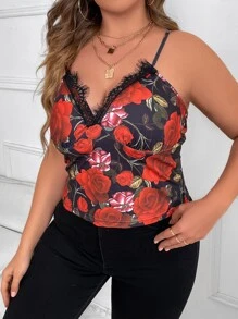 SHEIN Holidaya Plus Floral Print Eyelash Lace Trim Cami Top - Multicolor - View 5