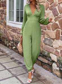 SHEIN LUNE Plunge Neck Lantern Sleeve Jumpsuit - Army Green - View 1