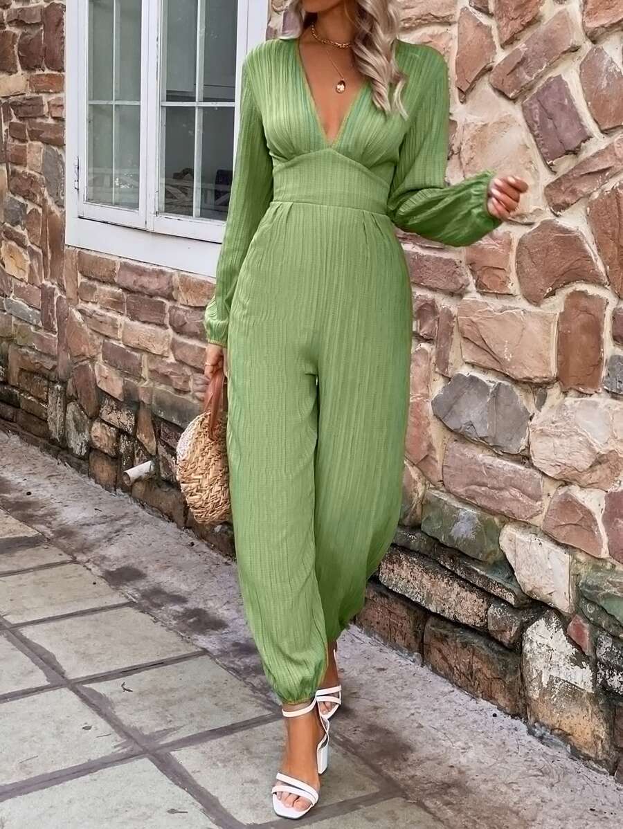 SHEIN LUNE Plunge Neck Lantern Sleeve Jumpsuit - Army Green - View 1