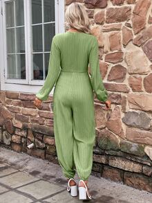 SHEIN LUNE Plunge Neck Lantern Sleeve Jumpsuit - Army Green - View 2