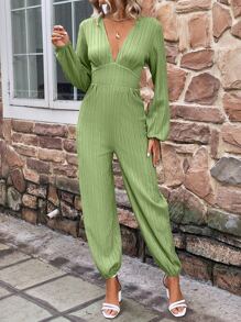 SHEIN LUNE Plunge Neck Lantern Sleeve Jumpsuit - Army Green - View 3