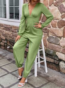 SHEIN LUNE Plunge Neck Lantern Sleeve Jumpsuit - Army Green - View 4