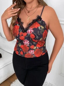 SHEIN Holidaya Plus Floral Print Eyelash Lace Trim Cami Top - Multicolor - View 6