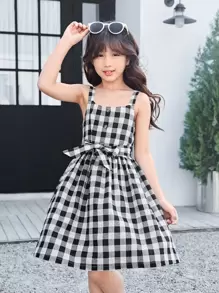 Girls Gingham Print Cami Dress - Black and White - View 1