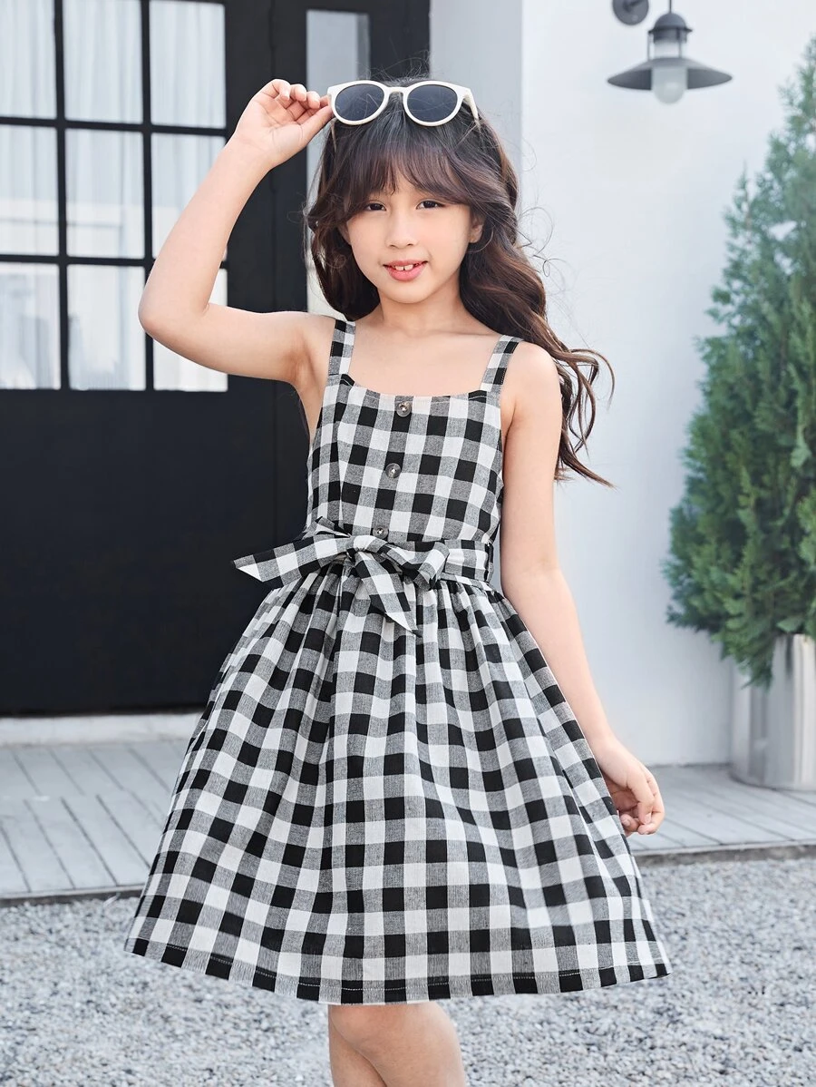 Girls Gingham Print Cami Dress - Black and White - View 1