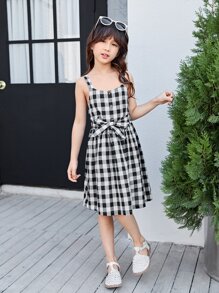 Girls Gingham Print Cami Dress - Black and White - View 5