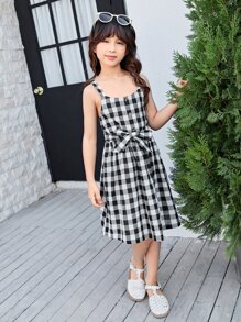 Girls Gingham Print Cami Dress - Black and White - View 6