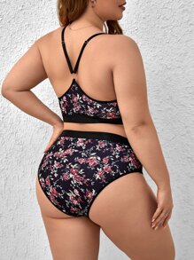 Plus Floral Print Lace Trim Lingerie Set - Multicolor - View 2