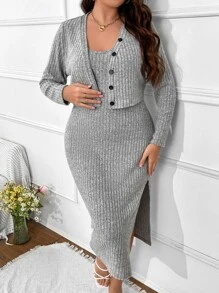 SHEIN Essnce Plus Split Thigh Ribbed Knit Cami Dress & Jacket - Light Grey - View 1