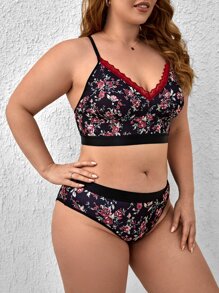 Plus Floral Print Lace Trim Lingerie Set - Multicolor - View 4