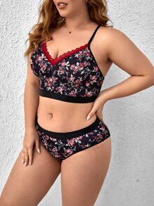 Plus Floral Print Lace Trim Lingerie Set - Multicolor - View 5