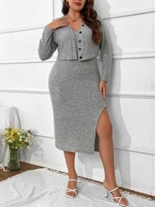 SHEIN Essnce Plus Split Thigh Ribbed Knit Cami Dress & Jacket - Light Grey - View 5
