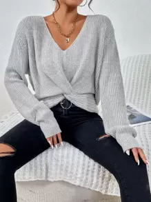 SHEIN Essnce Drop Shoulder Twist Hem Jumper - Grey - View 1