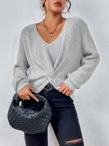 SHEIN Essnce Drop Shoulder Twist Hem Jumper - Grey - View 3