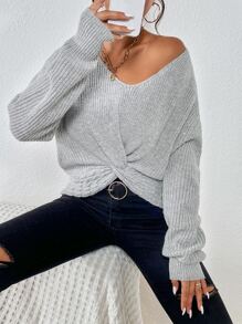 SHEIN Essnce Drop Shoulder Twist Hem Jumper - Grey - View 4