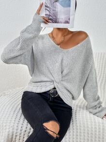SHEIN Essnce Drop Shoulder Twist Hem Jumper - Grey - View 5