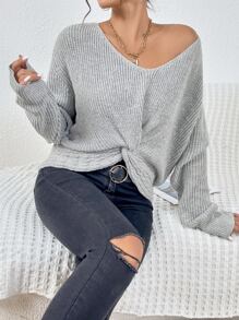 SHEIN Essnce Drop Shoulder Twist Hem Jumper - Grey - View 6