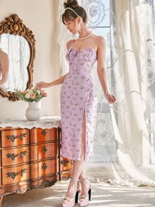 SHEIN MOD 碎花胸部褶皺高衩吊帶洋裝 - 彩色 - 查看 1
