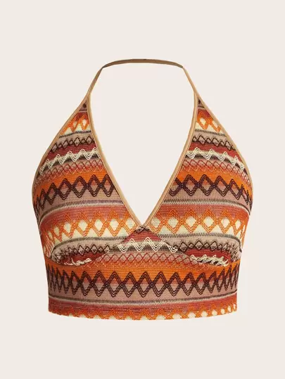 SHEIN ICON 夏季加大号雪佛龙刺绣撞色绑带露背上衣