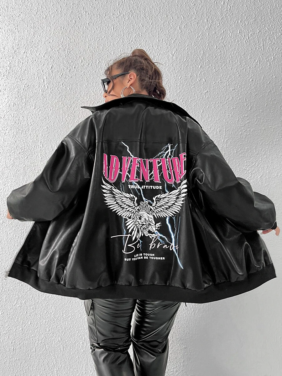 SHEIN Coolane Plus Eagle & Letter Graphic Drop Shoulder Zip Up Jacket - Black - View 1