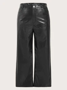 SHEIN EZwear 大碼高腰PU皮革闊腿褲 - 黑色 - 查看 1