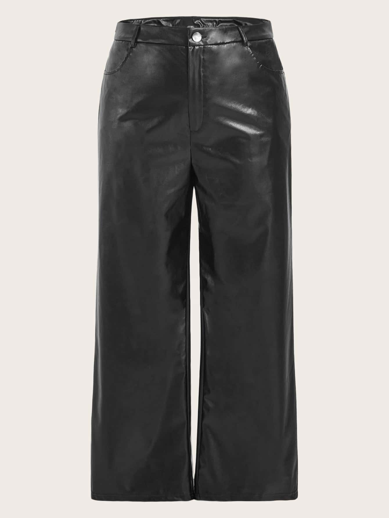 SHEIN EZwear 大碼高腰PU皮革闊腿褲 - 黑色 - 查看 1